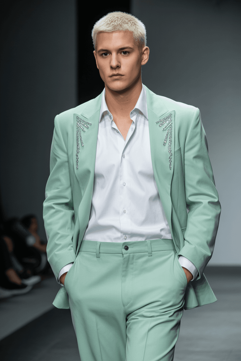 Mint Green Tailored Suit With Crystal Embellishments, Paired With A Simple White Shirt