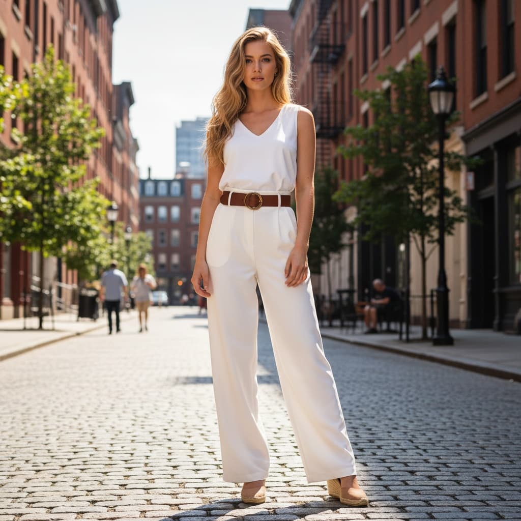 White V-Neck Sleeveless Top Paired With High-Waisted White Wide-Leg Trousers And Brown Belt.