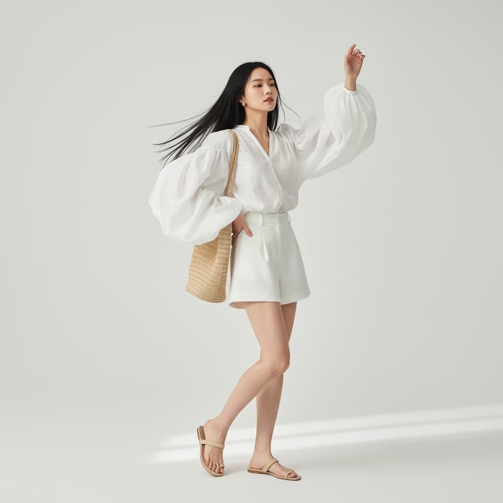 White Blouse With Puffed Sleeves, Paired With White Shorts, And Accessorized With A Beige Woven Bag And Sandals.