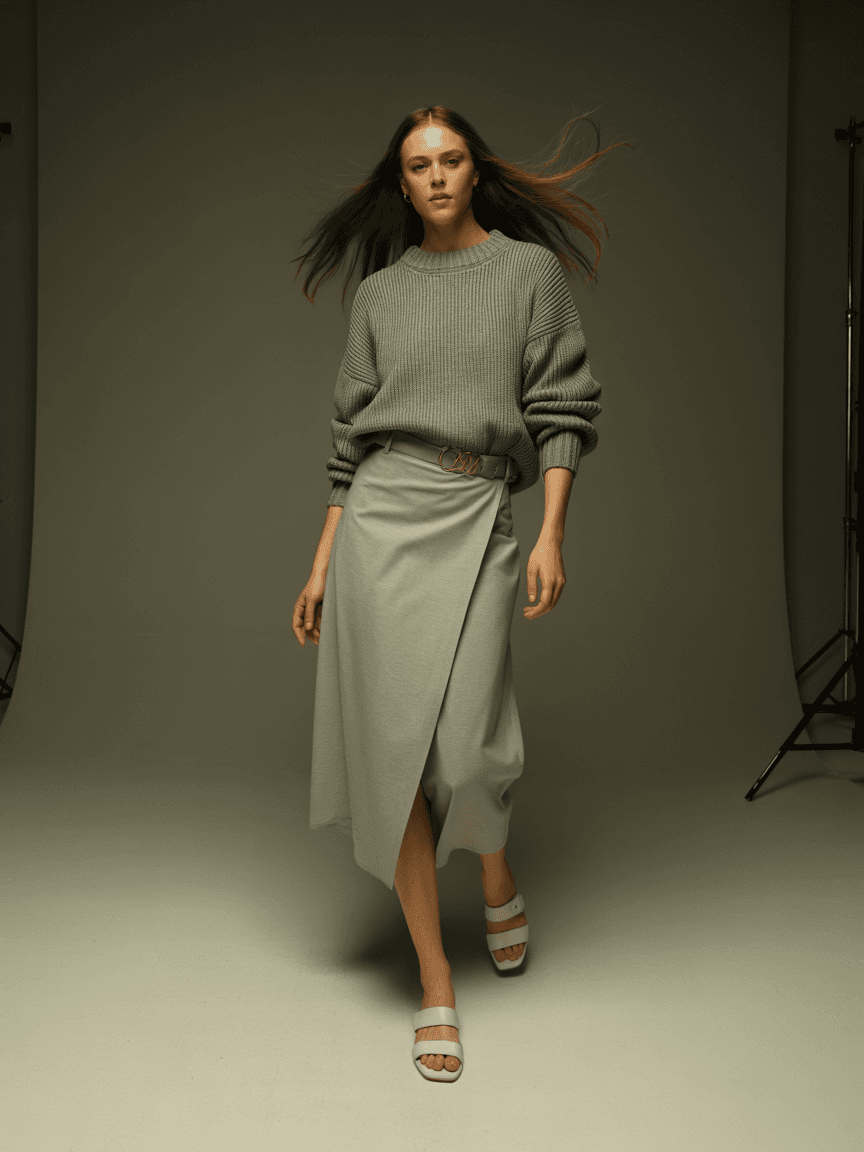 Grey Knitted Sweater Paired With A Light Grey Wrap Skirt, Accessorized With A Gold Belt And White Sandals.