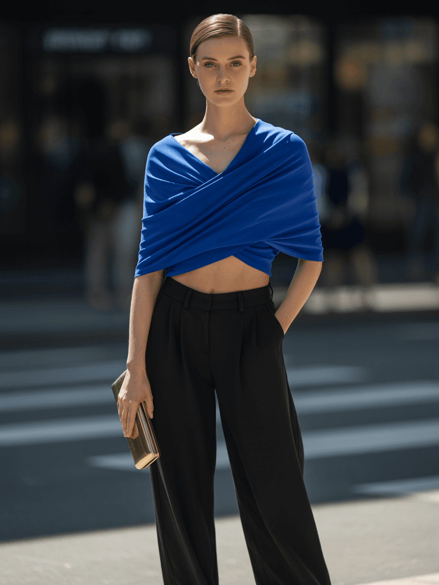 Bold Blue Draped Top With A Golden Clutch, Paired With Wide-Legged Black Pants And Slip-On Shoes.