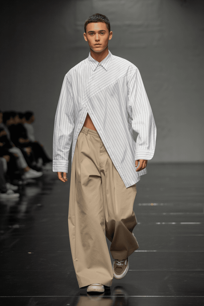 White Pinstriped Shirt With A Loose, Asymmetrical Cut, Paired With Beige Wide-Legged Pants，wearing Sneakers