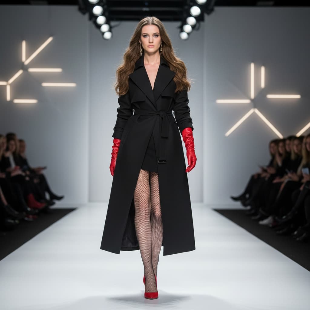 Black Trench Coat, Black Skirt, Red Gloves, Fishnet Tights, And Red High Heels.