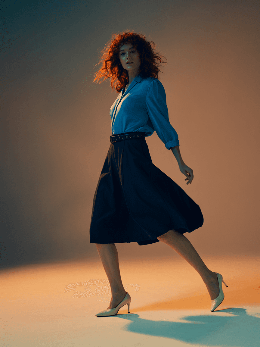 Blue Blouse, Dark Navy Skirt, Black Belt, And White Heeled Shoes.