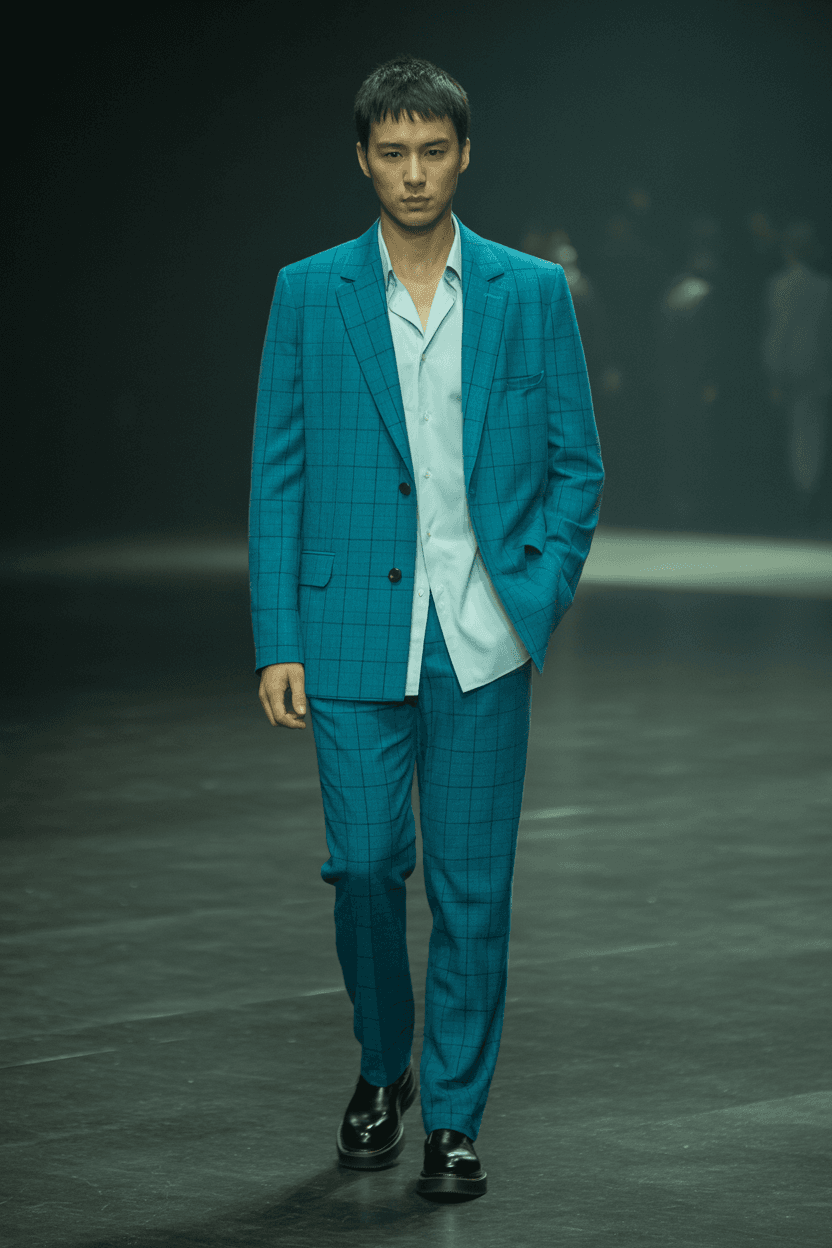 Teal Checkered Suit With A White Shirt Underneath, Paired With Black Shoes