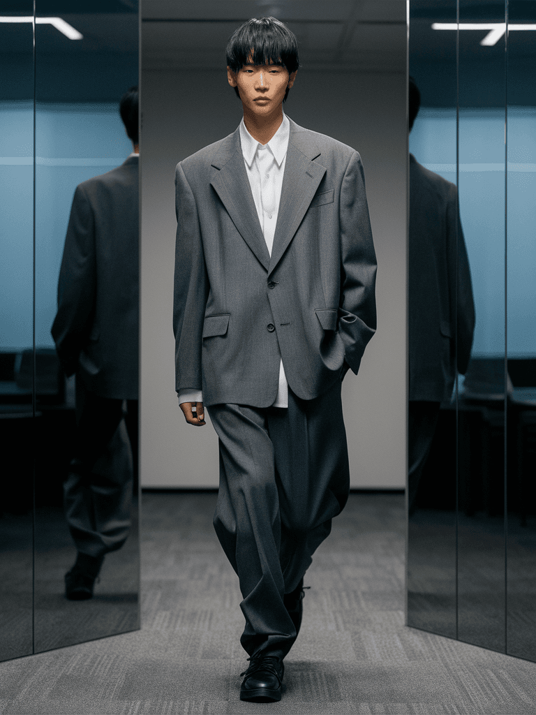 Gray Suit With A White Shirt, Paired With Black Shoes