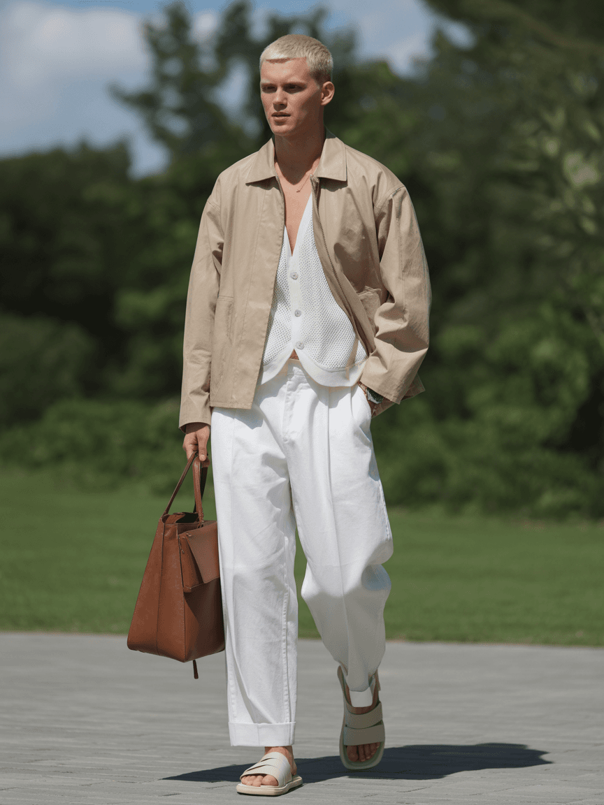 Beige Jacket Over A White Tank Top, Paired With White Trousers And Beige Sandals, Carrying A Brown Leather Bag