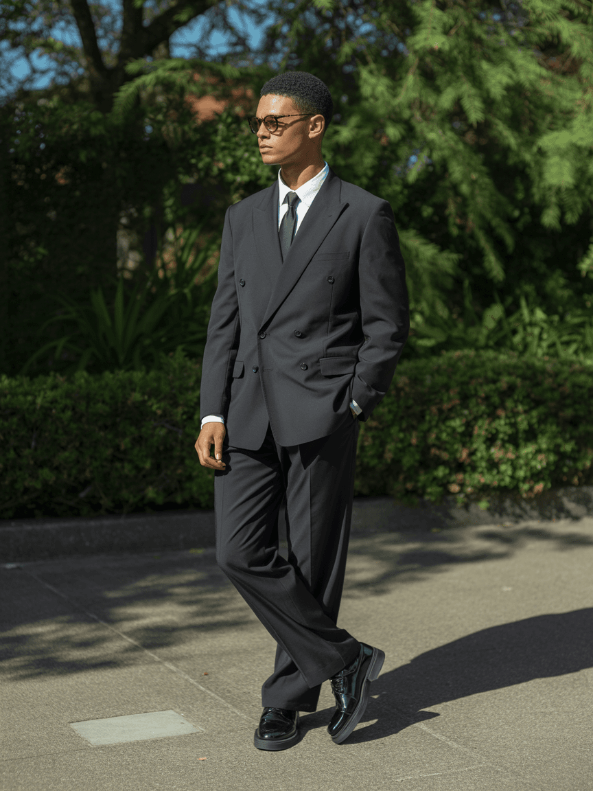 Black Suit With A White Shirt And Tie, Paired With Black Shoes And Glasses