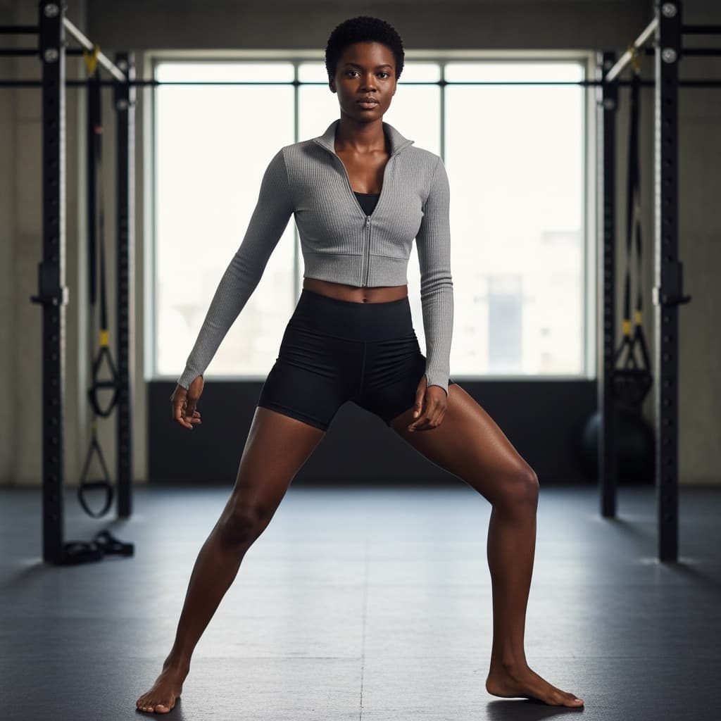 Grey Zip-Up Cropped Jacket Paired With Black Athletic Shorts, Perfect For Yoga Or Casual Wear.