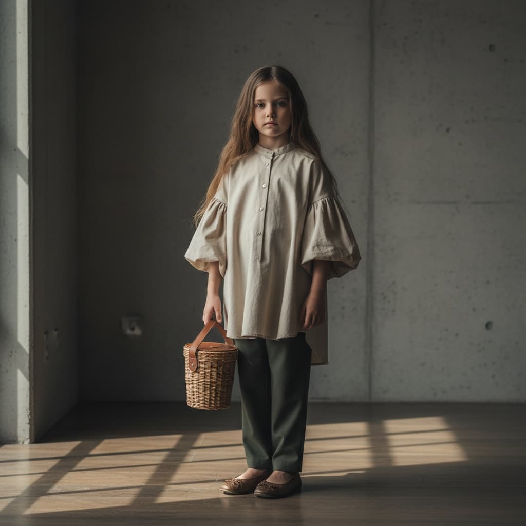 Beige Oversized Shirt Dress With Puffed Sleeves, Paired With Dark Green Trousers And A Basket Bag.