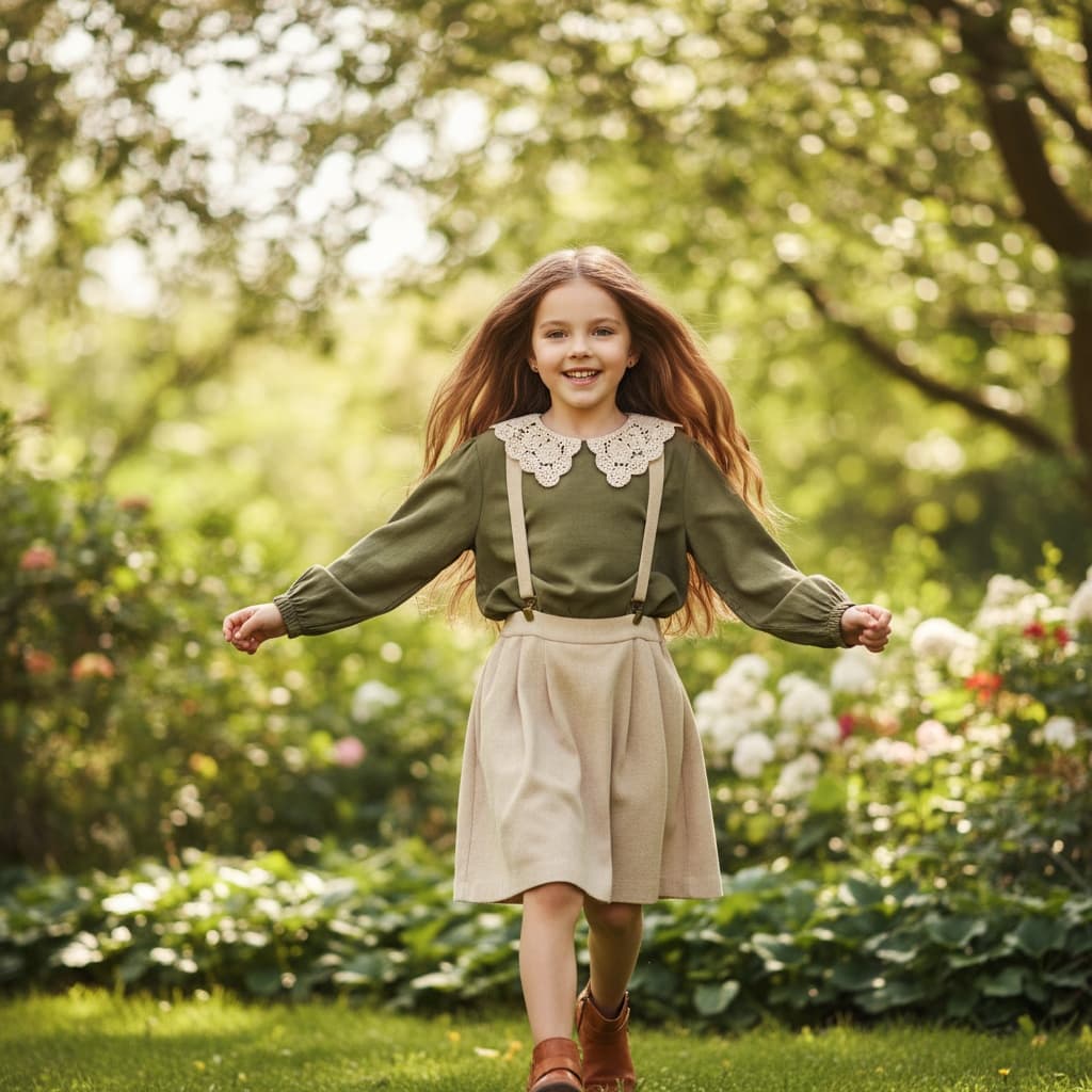 Olive Green Blouse With A Crocheted Collar, Paired With A Beige Skirt And Suspenders.
