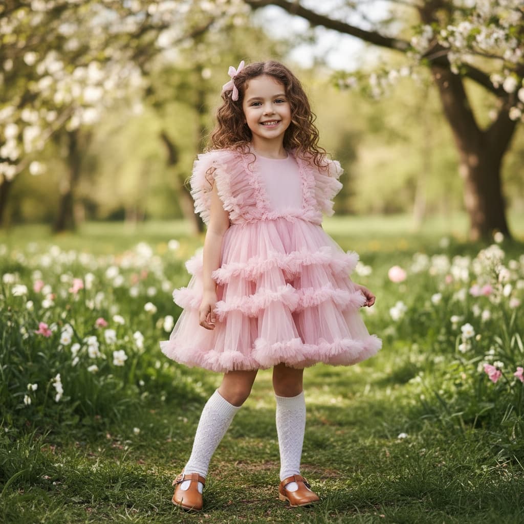 Pink Tulle Dress With Ruffled Edges, Paired With White Knee-High Socks And Brown Shoes.