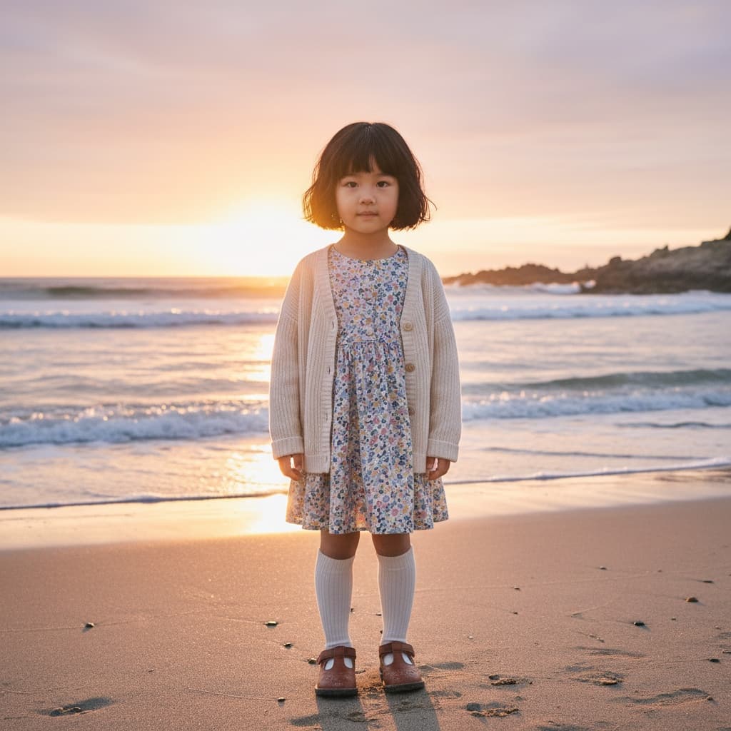Beige Cardigan Over A Floral Dress, Paired With Brown Shoes And White Socks.
