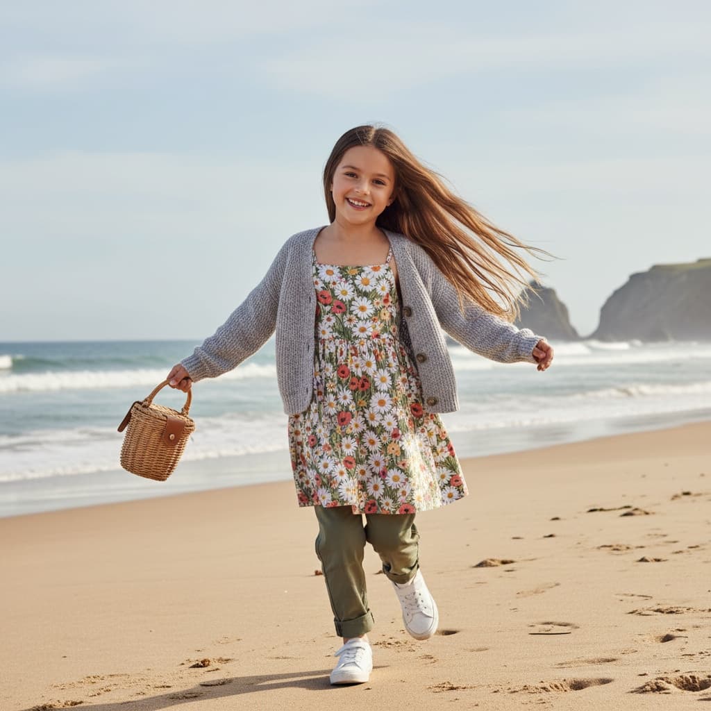 Grey Cardigan Over A Floral Print Dress, Paired With Olive Green Pants And A Small Basket Bag.
