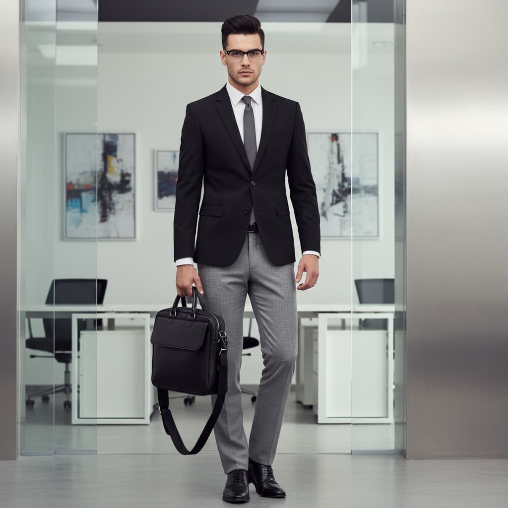 Black Jacket, White Shirt With Tie, Gray Trousers, And Black Shoes, Holding A Black Bag.