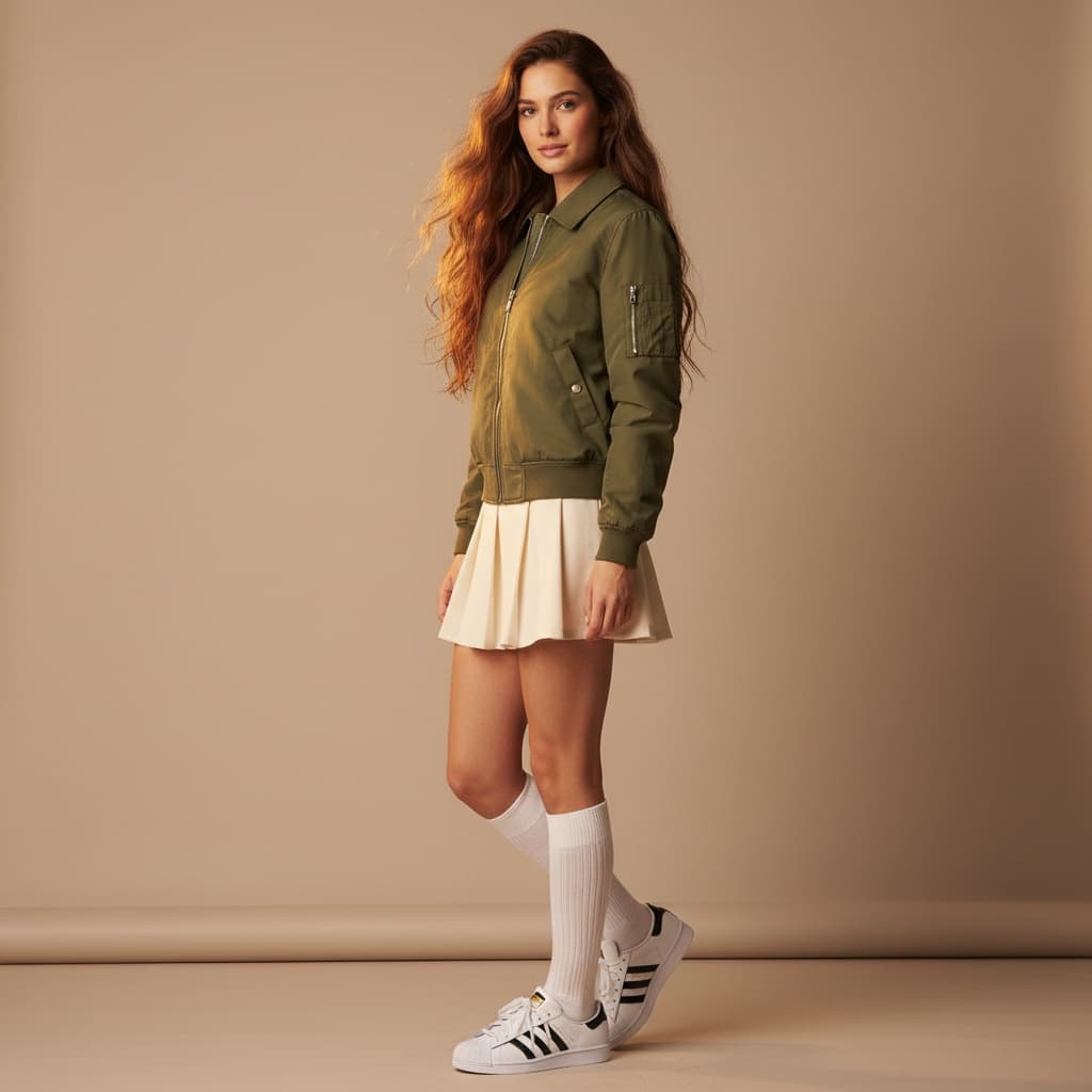 Olive Green Zip-Up Jacket, Pleated Skirt, White Socks, And Adidas Sneakers.