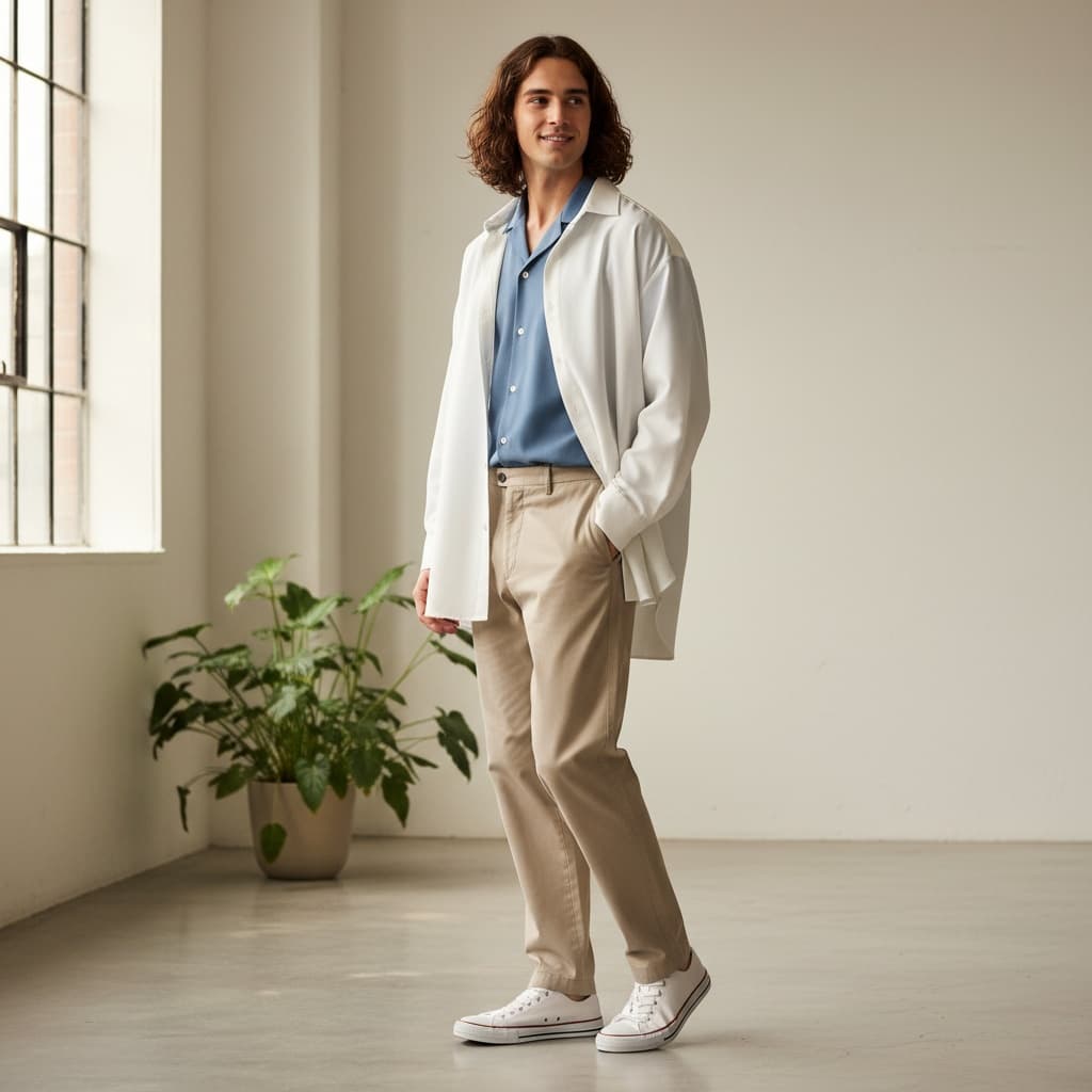 White Oversized Shirt With A Blue Collared Shirt Underneath, Beige Pants, And White Sneakers.