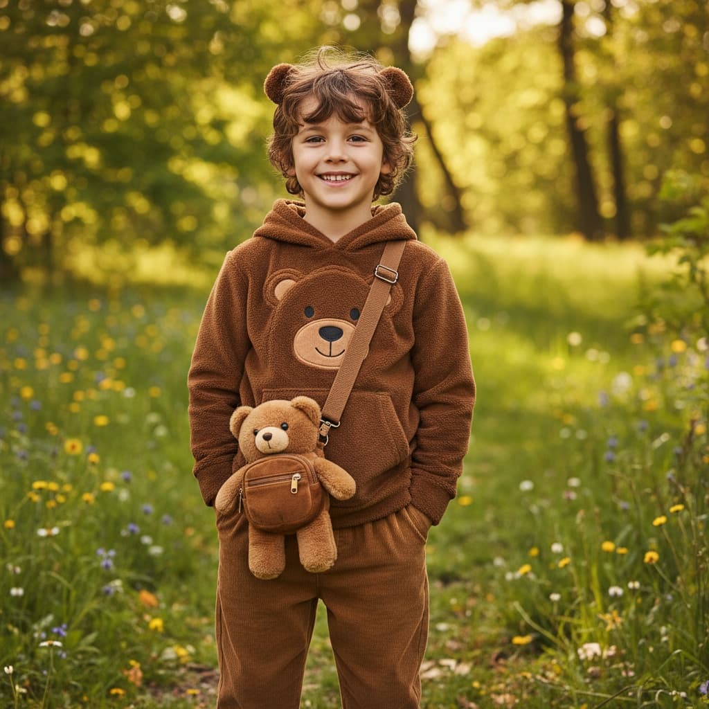 Brown Hoodie With Bear Details, Brown Pants, And A Teddy Bear Bag.