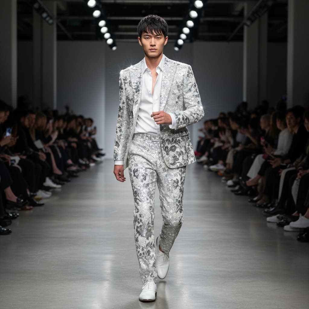Silver And White Embellished Suit With A Floral Pattern, Paired With A White Shirt And White Shoes.