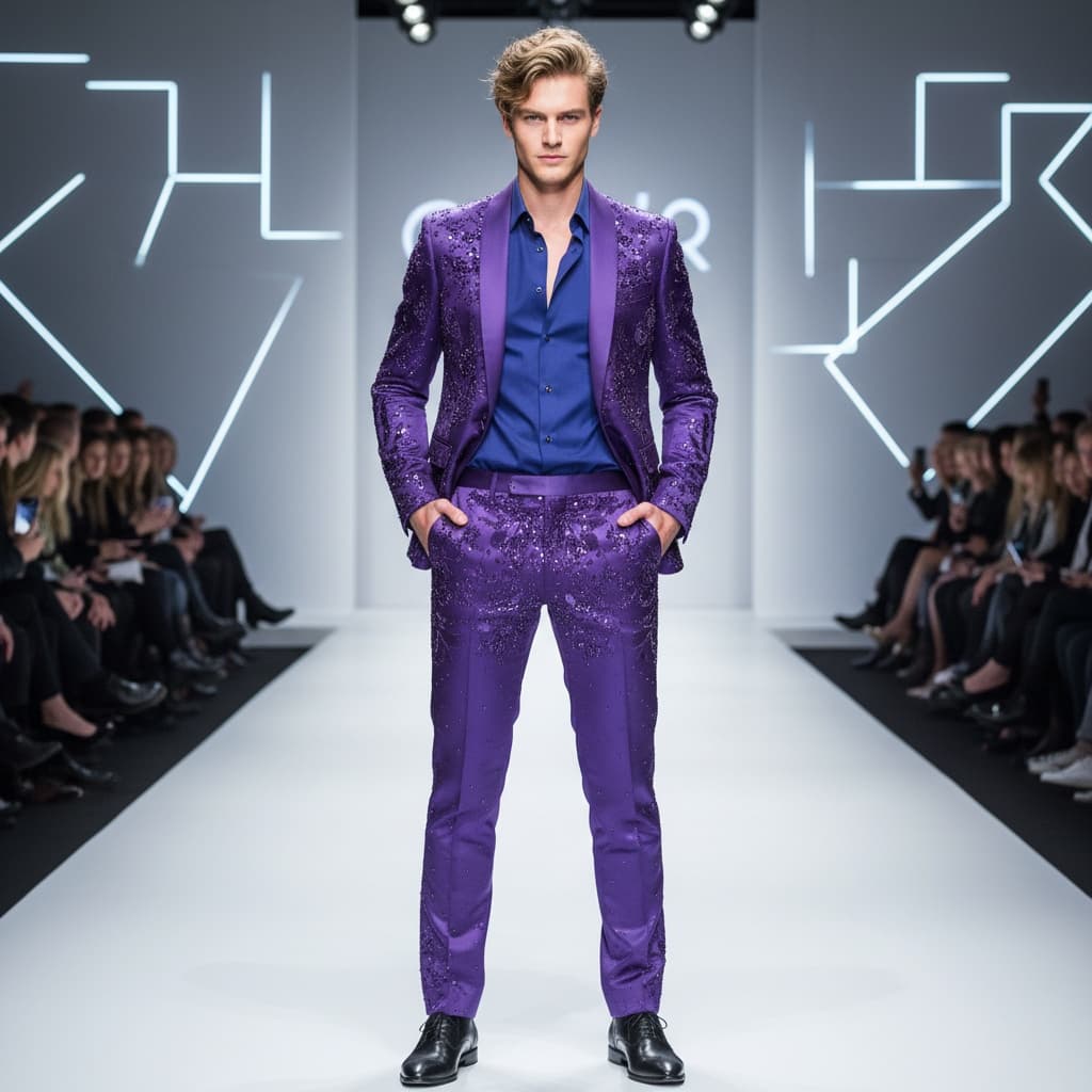 Purple Embellished Suit With A Shiny Texture, Paired With A Blue Shirt And Black Shoes.