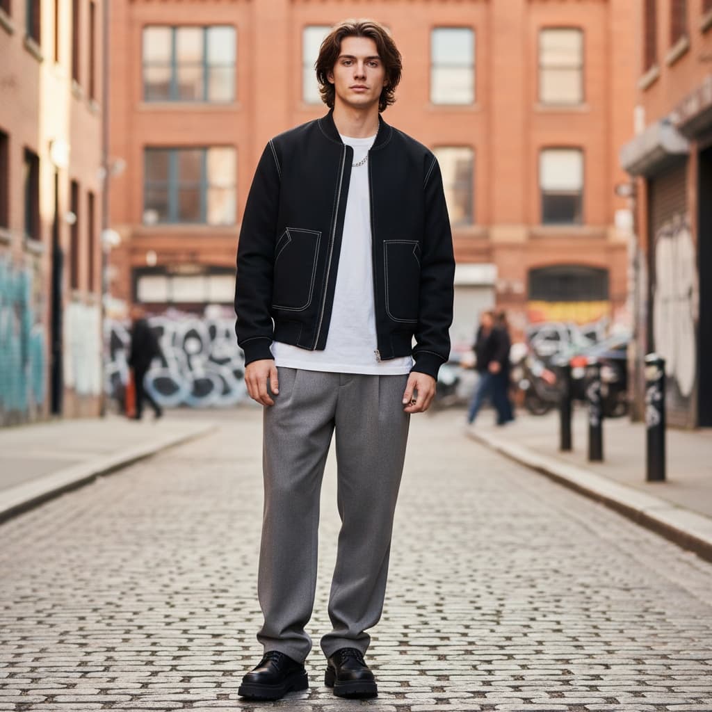 Black Jacket With White Stitching, Grey Loose Trousers, And Black Chunky Shoes.