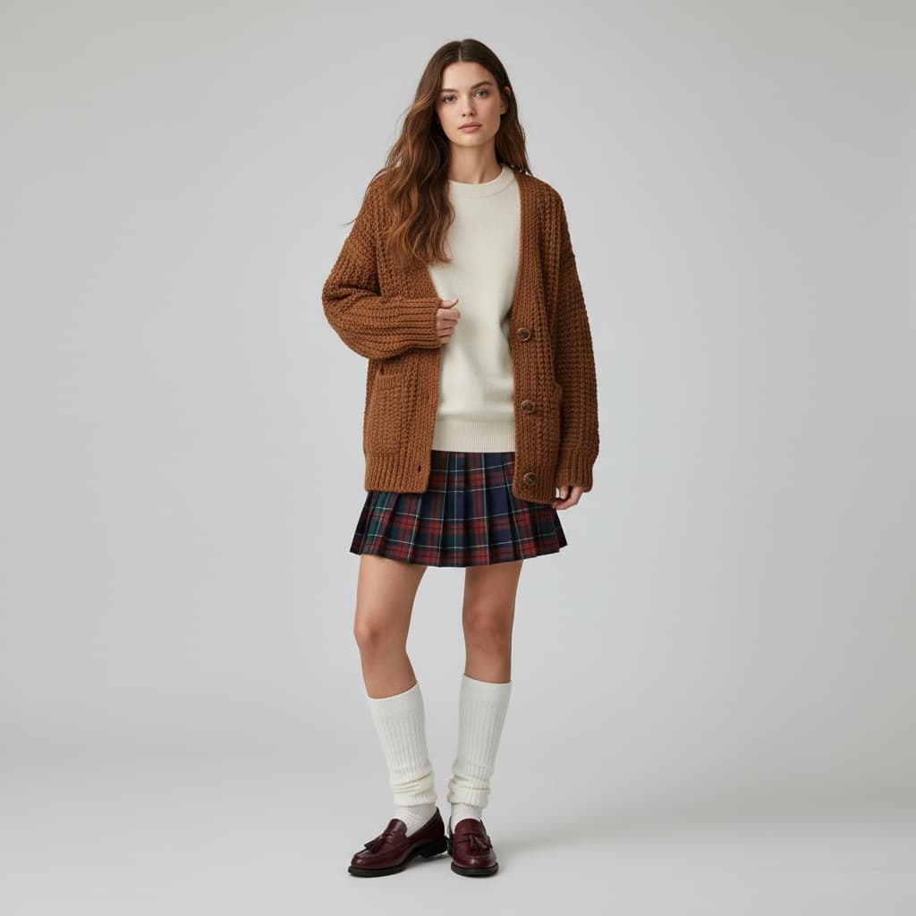 Brown Cardigan Over Cream-Colored Sweater, Pleated Plaid Skirt, White Socks, And Burgundy Loafers.