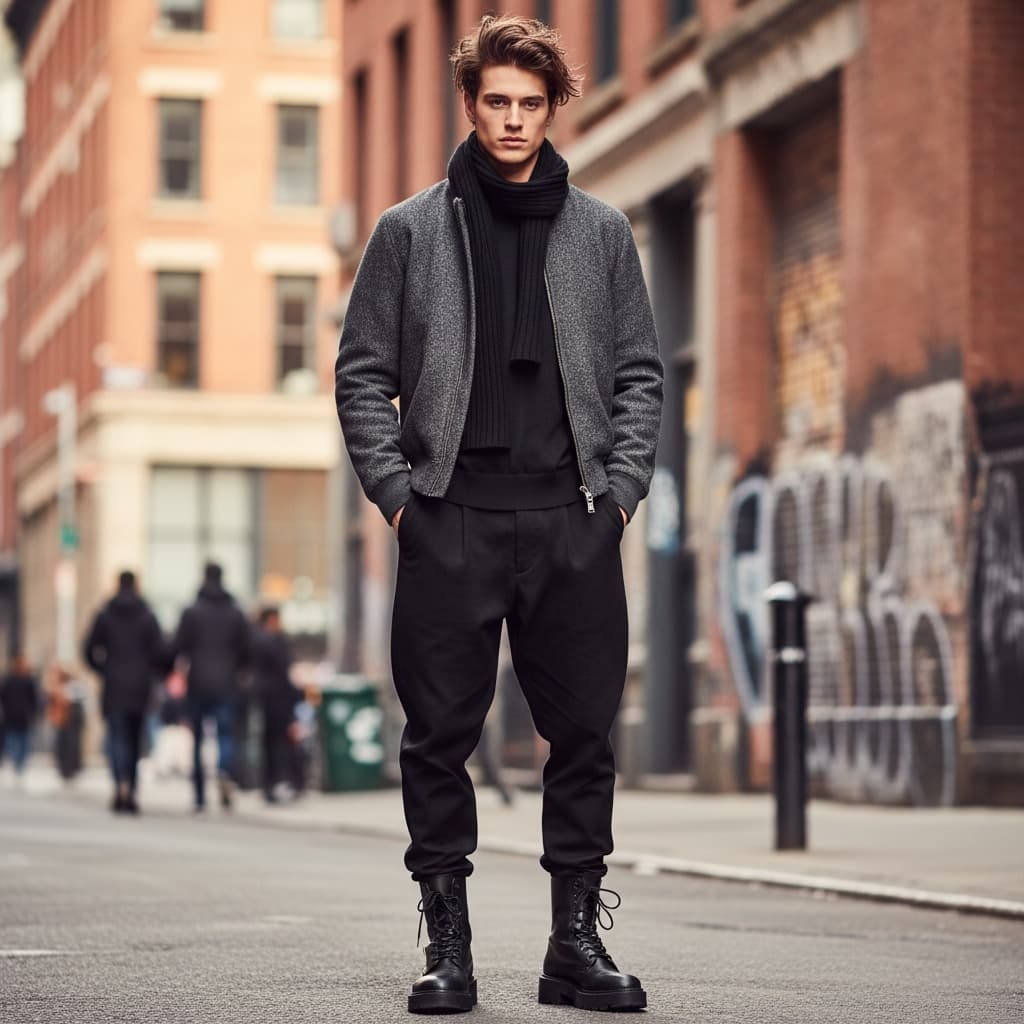 Grey Jacket With Black Scarf, Black Loose Trousers, And Black Chunky Shoes.