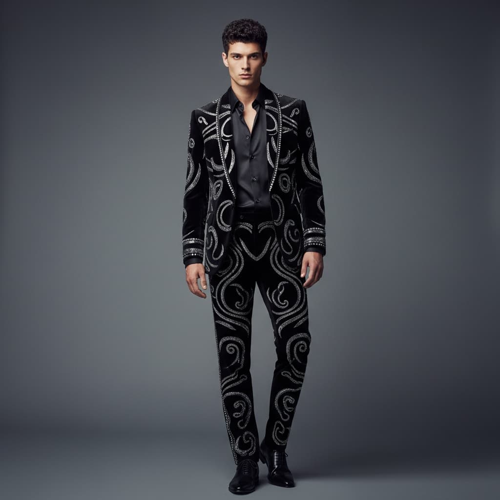 Black Velvet Suit With Silver Embellishments And A Black Shirt, Paired With Black Shoes.