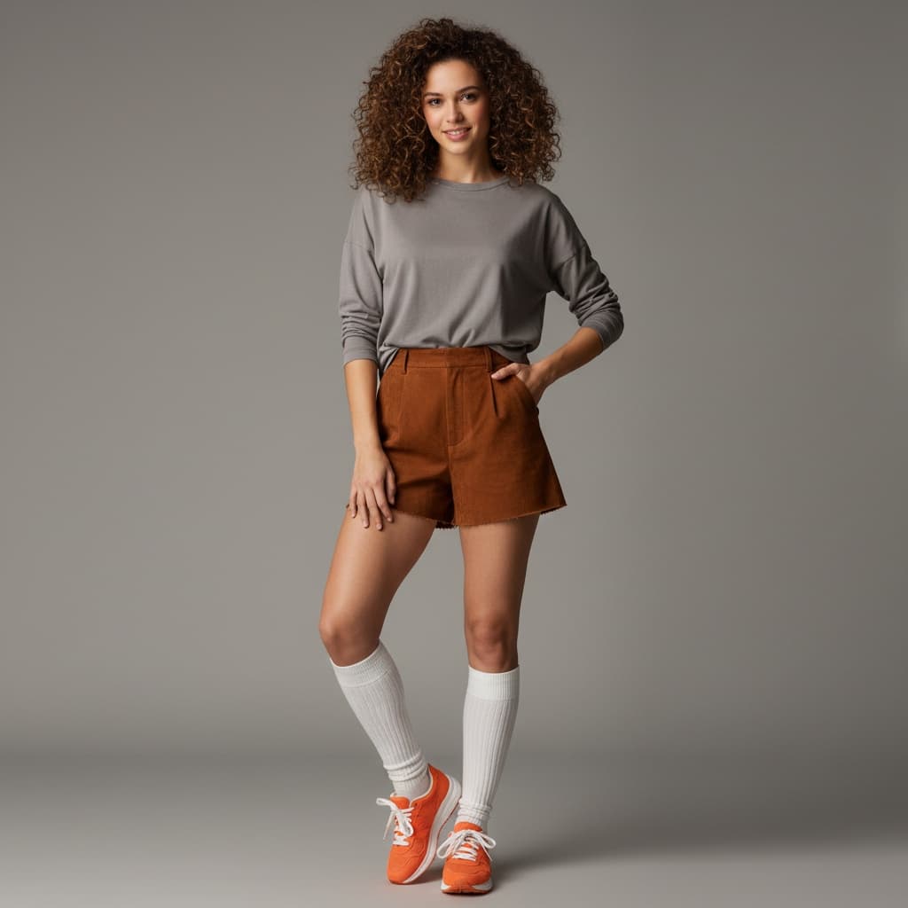 Gray Long-Sleeved Shirt, Brown Suede Shorts, And Orange Sneakers With White Socks.