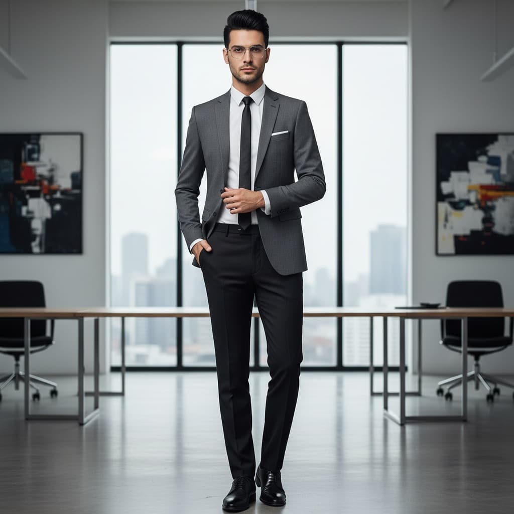 Gray Suit Jacket, Black Trousers, White Shirt, And A Black Tie, Paired With Black Shoes.