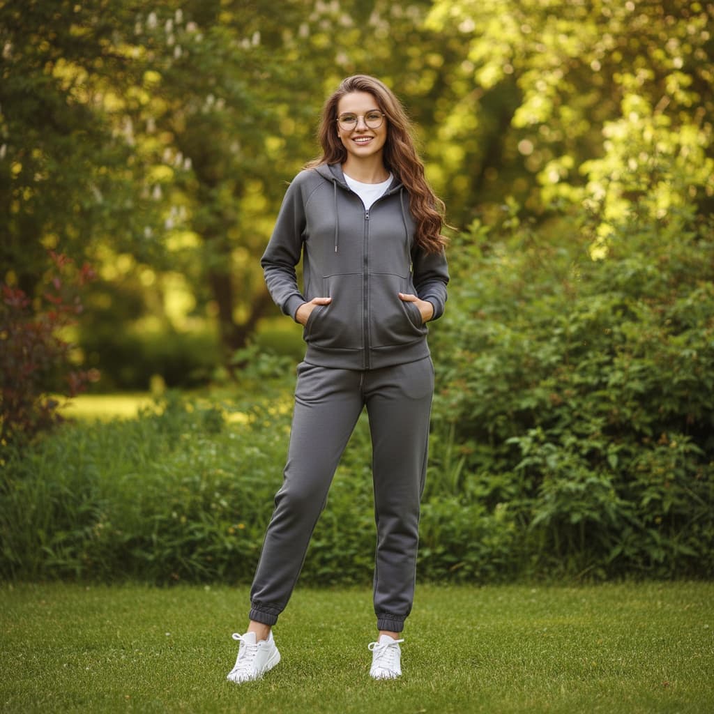Gray Zip-Up Jacket, Gray Sweatpants, And White Sneakers.