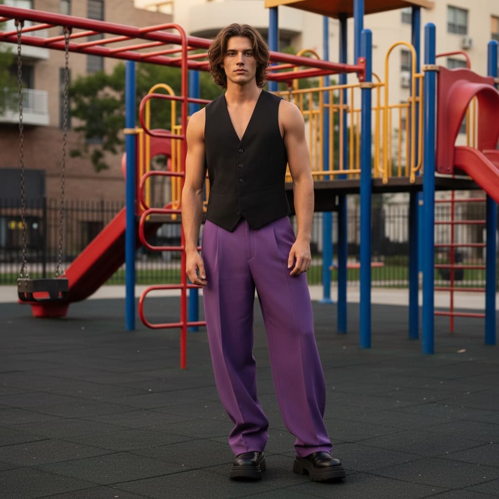 Black Sleeveless Vest With Purple Loose Trousers And Black Chunky Shoes.