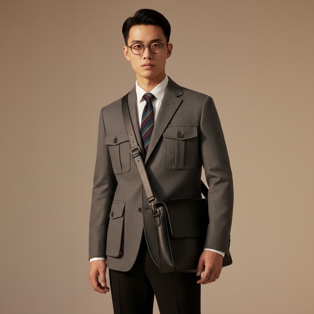 Gray Jacket With Cargo Pockets, Striped Tie, White Shirt, Black Trousers, And A Black Bag.