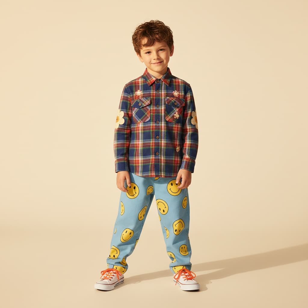 Plaid Shirt With Flower Embroidery, Blue Loose Pants With Smiley Faces, And Casual Sneakers.