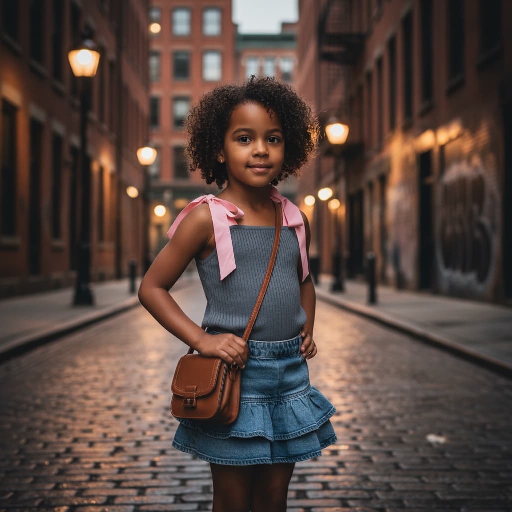Grey Top With Pink Tie Straps, Denim Skirt With Ruffled Hem, And Brown Handbag.