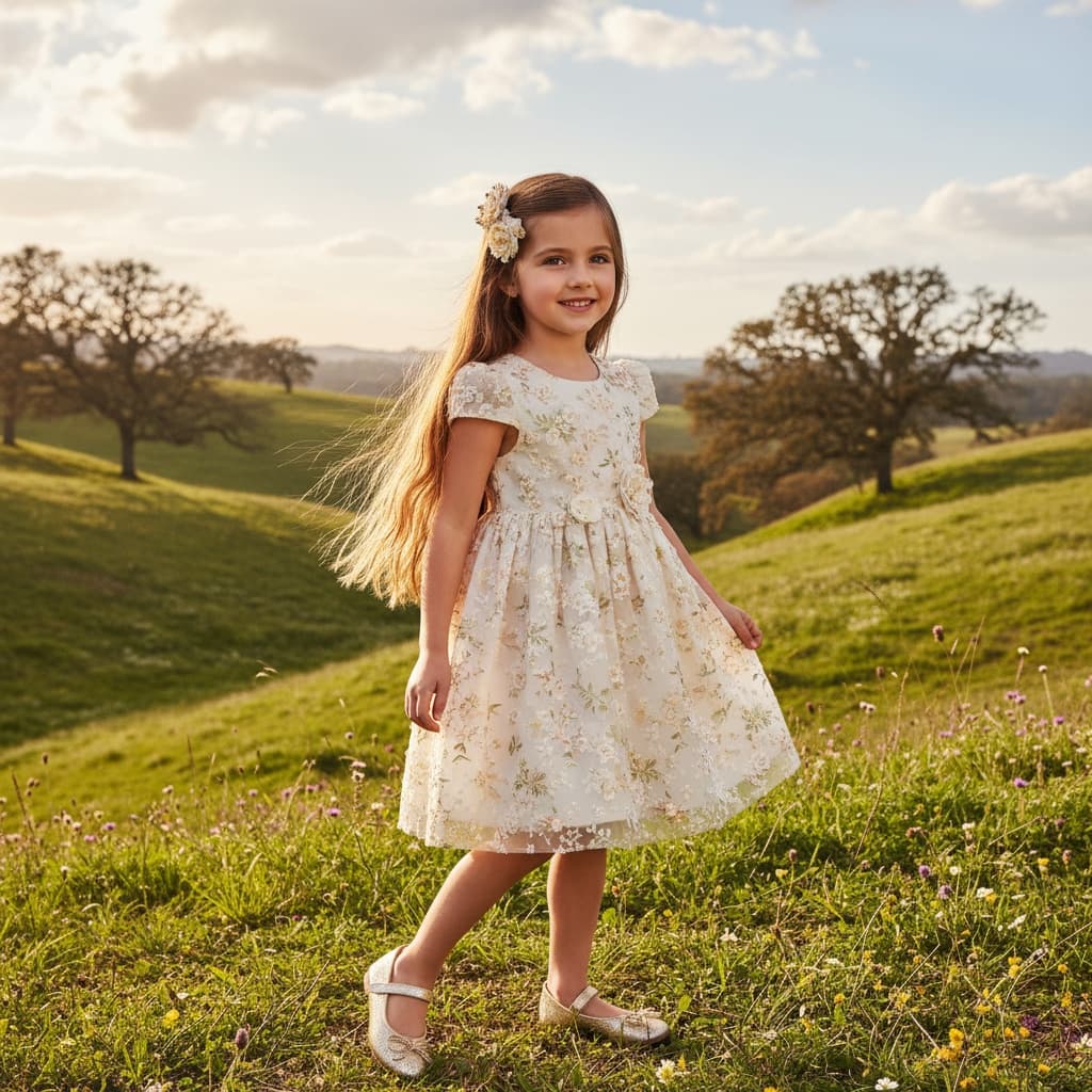 Ivory Flowered Dress With Gold Shoes And A Hair Clip.