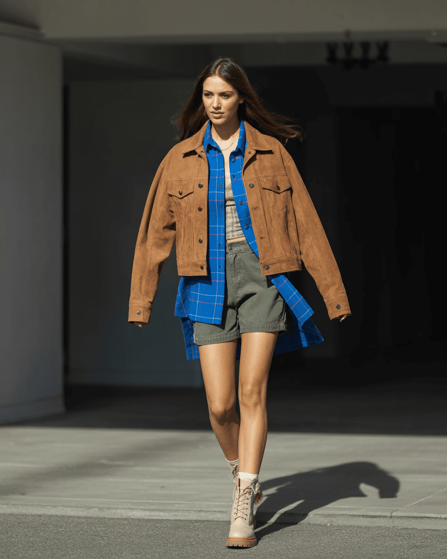 Brown Suede Jacket, Blue Plaid Shirt, And Beige Boots, Paired With Green Shorts.