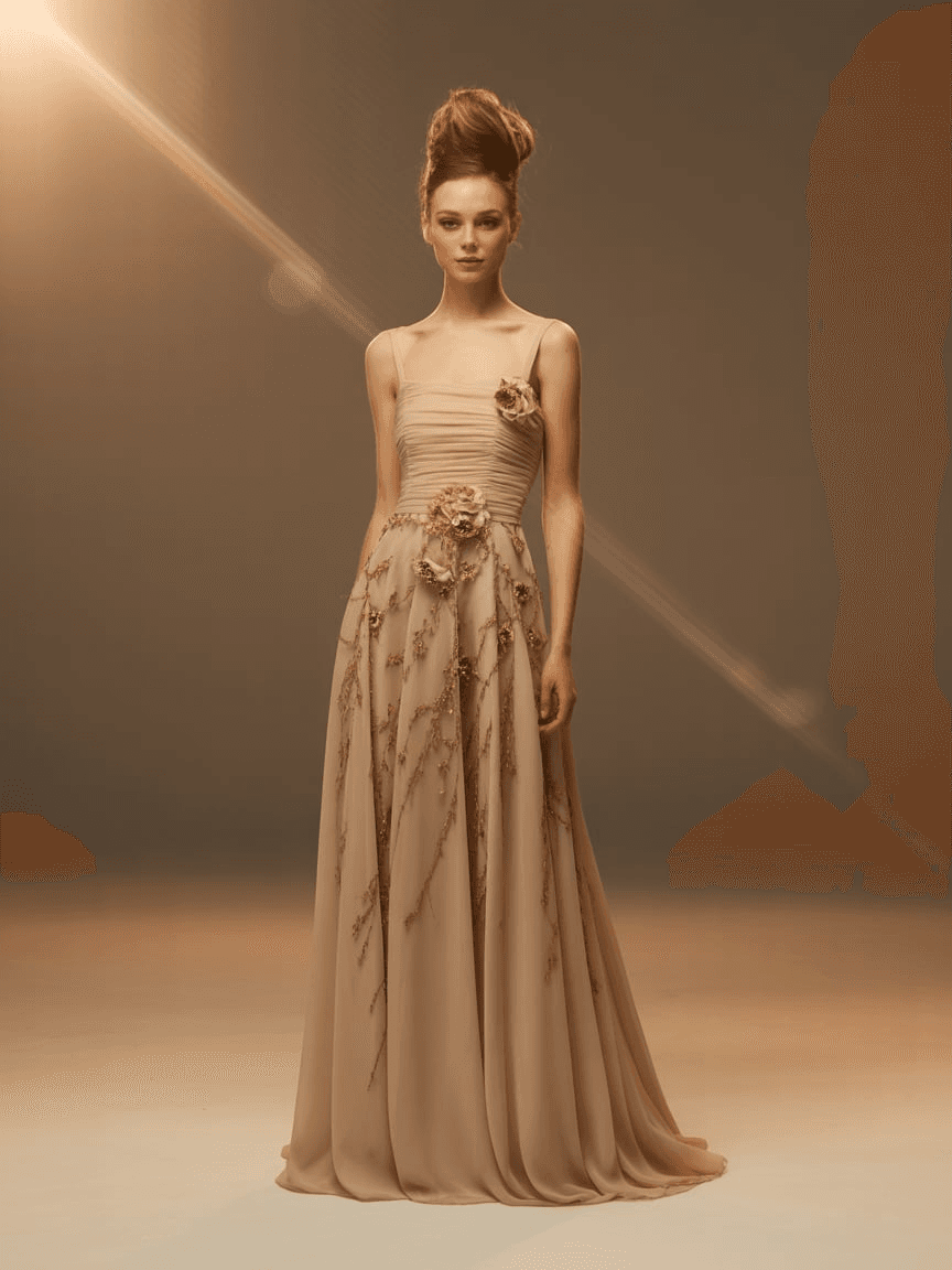 Floor-Length Beige Evening Gown With Ruched Bodice And Golden Floral Embellishments.