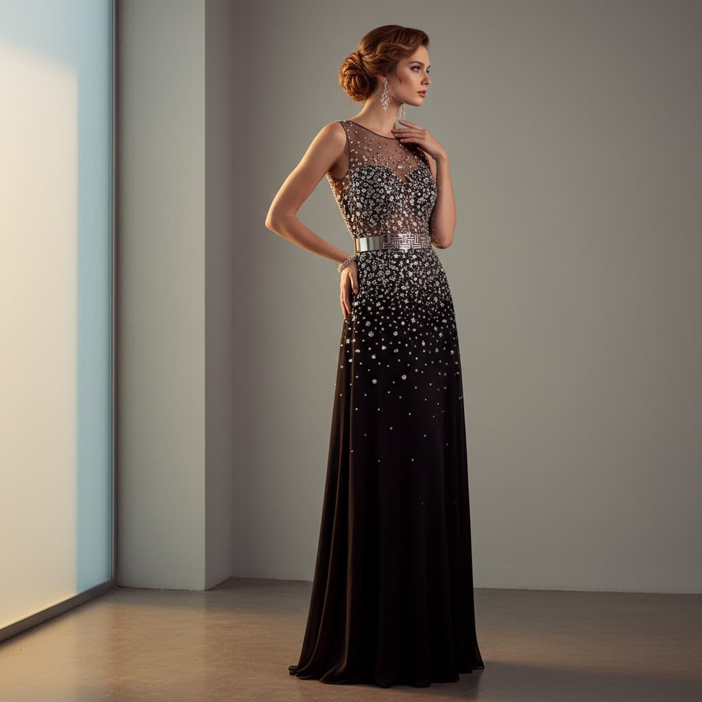 Floor-Length Black Evening Gown With Sheer Sparkling Bodice And Metallic Waist Detailing.