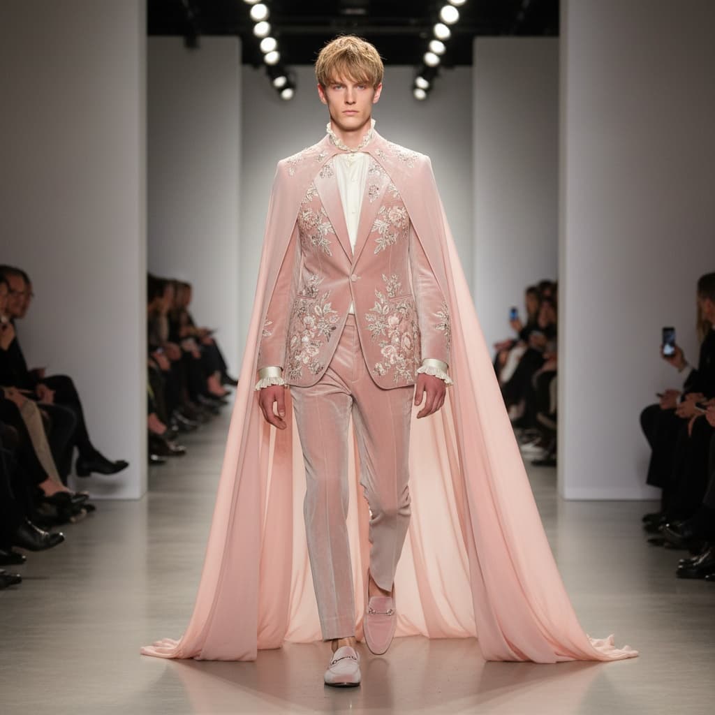 Pale Pink Velvet Suit With Delicate Floral Embroidery And A Flowing Cape.