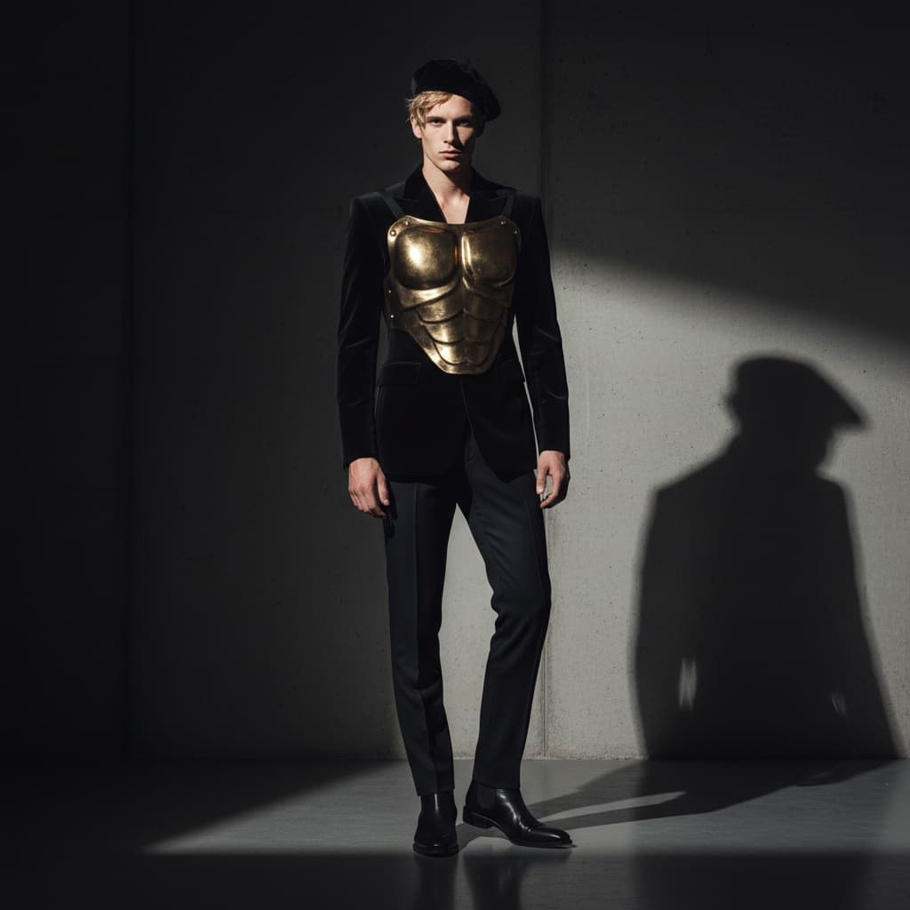Black Velvet Suit With A Gold Chest Plate, Paired With A Beret And Tailored Trousers