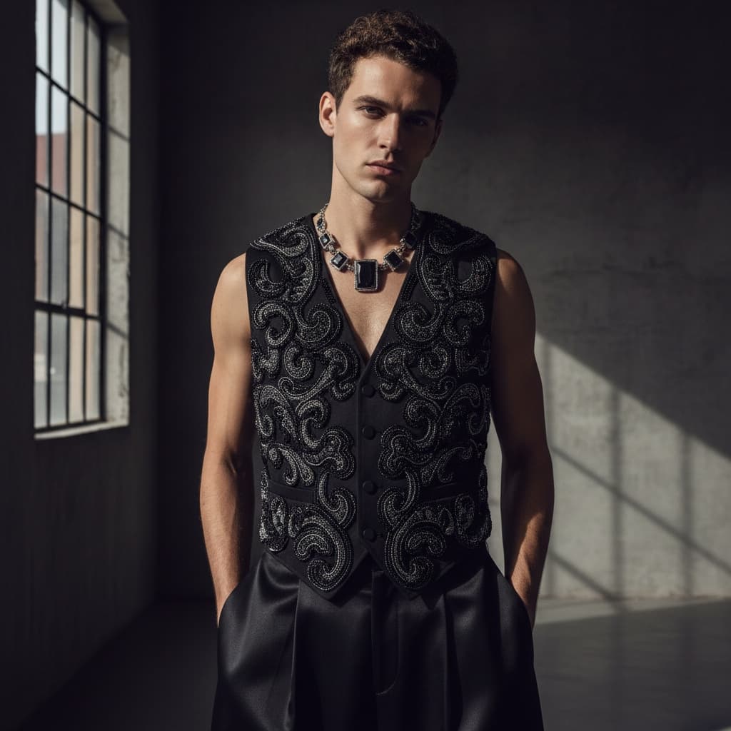 Black Vest With Beadwork And Satin Trousers, Accessorized With A Statement Necklace.