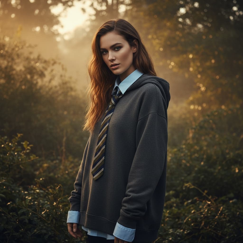 Grey Oversized Hoodie With A Light Blue Shirt Collar And Decorative Tie.