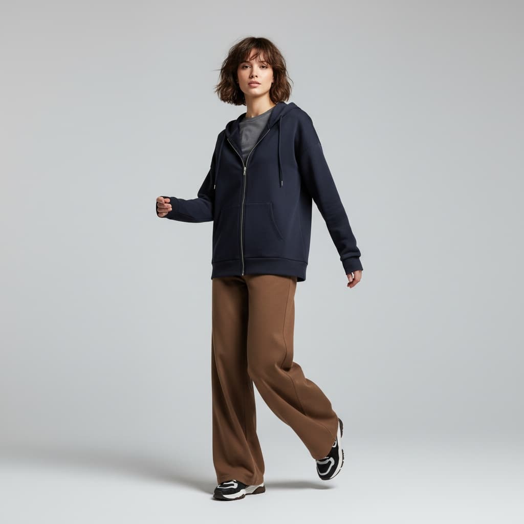 Dark Blue Zip-Up Hoodie Paired With Brown Wide-Leg Pants And Black Sneakers.