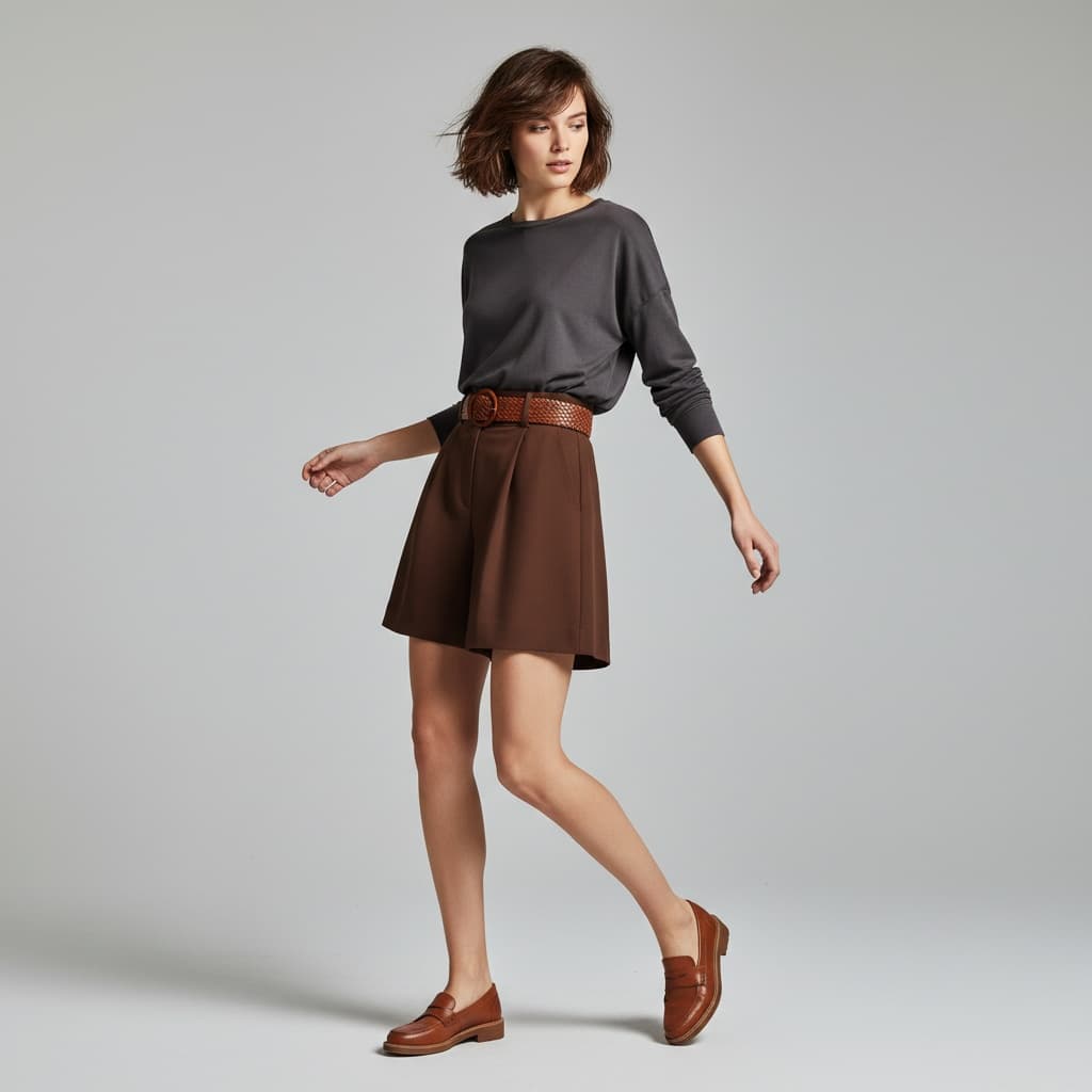 Grey Long-Sleeve Shirt With Brown Pleated Shorts, Brown Belt, And Brown Shoes.