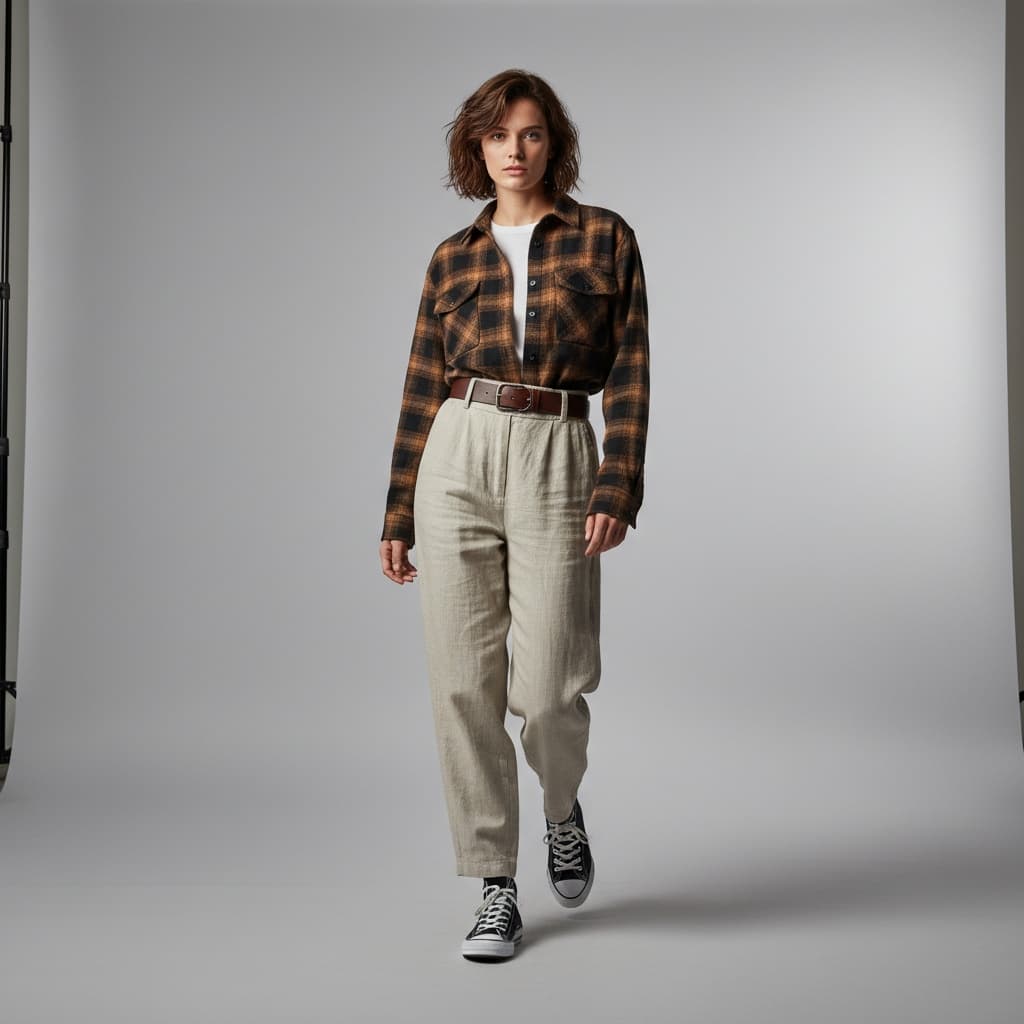 Checked Shirt Over White Long-Sleeve Shirt, Brown Belt, And Beige Loose Pants With Black Converse Sneakers.