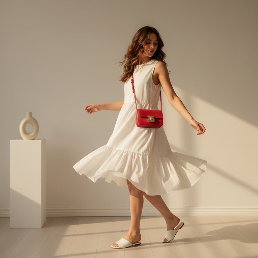 White Sleeveless Dress With A Ruffled Hemline And A Small Red Bag With White Sandals.