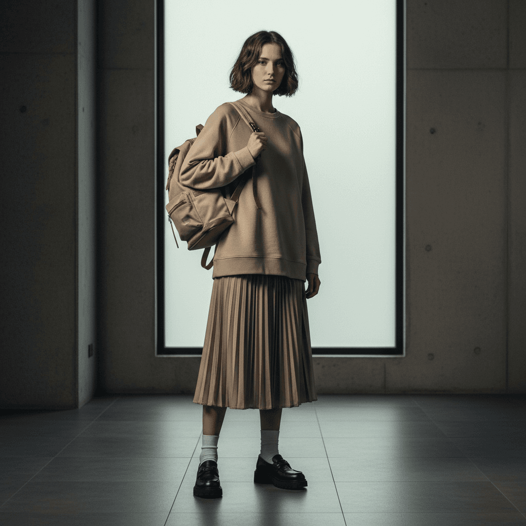 Beige Sweatshirt With Pleated Beige Skirt, Paired With A Beige Backpack And Black Shoes.
