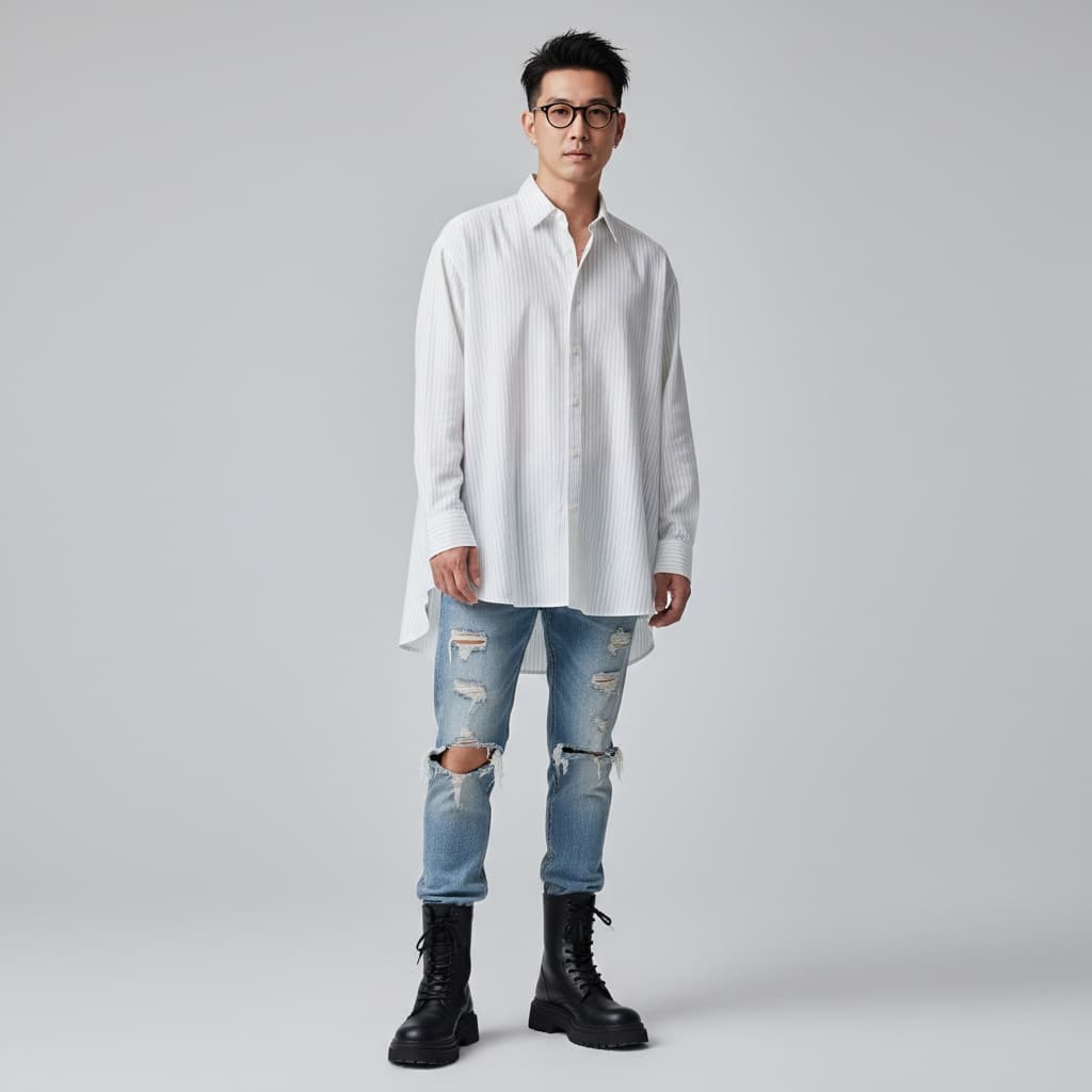 White Oversized Shirt With A Subtle Stripe Pattern, Paired With Distressed Blue Jeans And Black Chunky Boots.