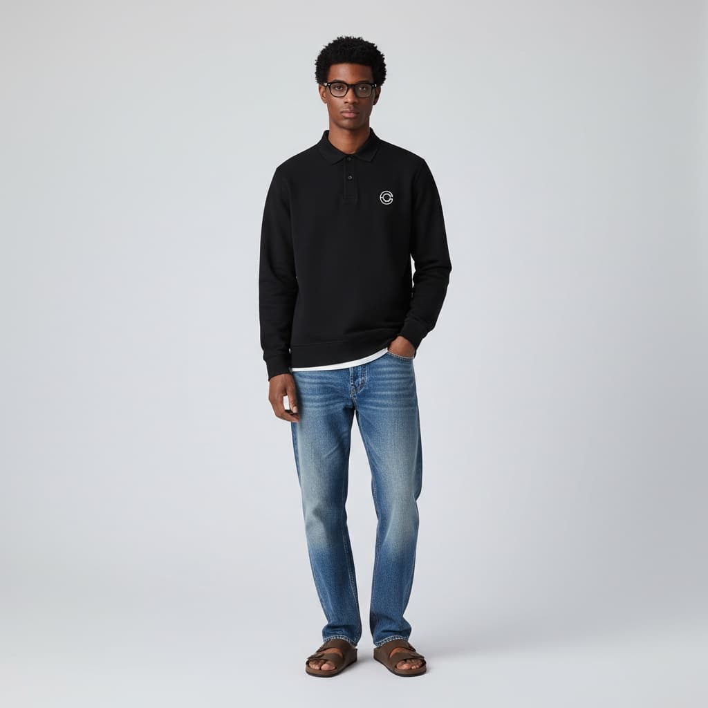 Black Polo Sweatshirt With A Logo, Paired With Loose, Faded Blue Jeans And Brown Slides.